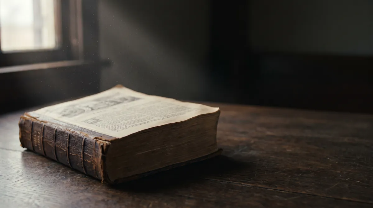 An open Bible on a wooden table in a shaft of window light