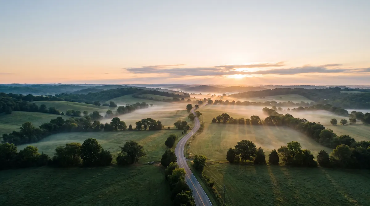A winding country road through misty Middle Tennessee hills at dawn